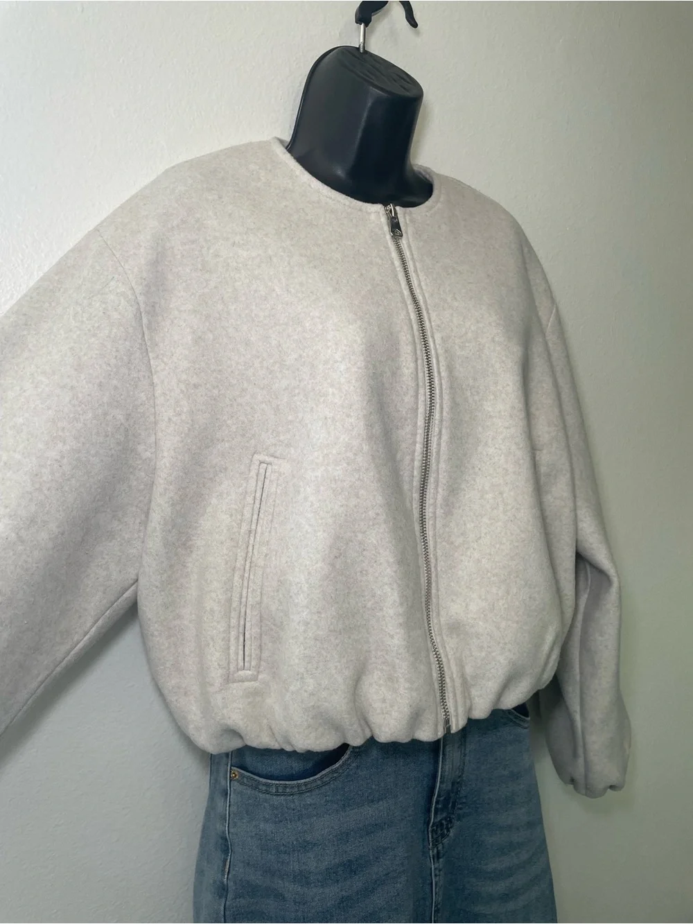 Zara Oatmeal Fleece Zip Bomber Jacket M Minimalist Quiet Luxury Balloon Sleeve